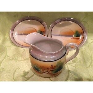 Vintage Blue Luster Hand Painted Chikaramachi Japan Set of 2 Saucers and Creamer